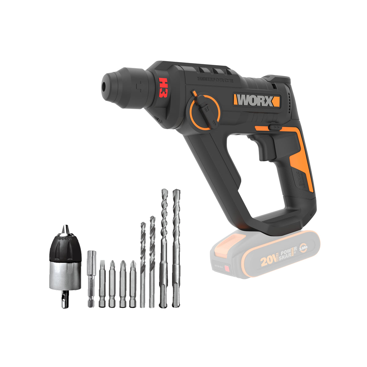 Worx WX391.9 - Martillo perforador H3 1,2J 20V (S/bat)