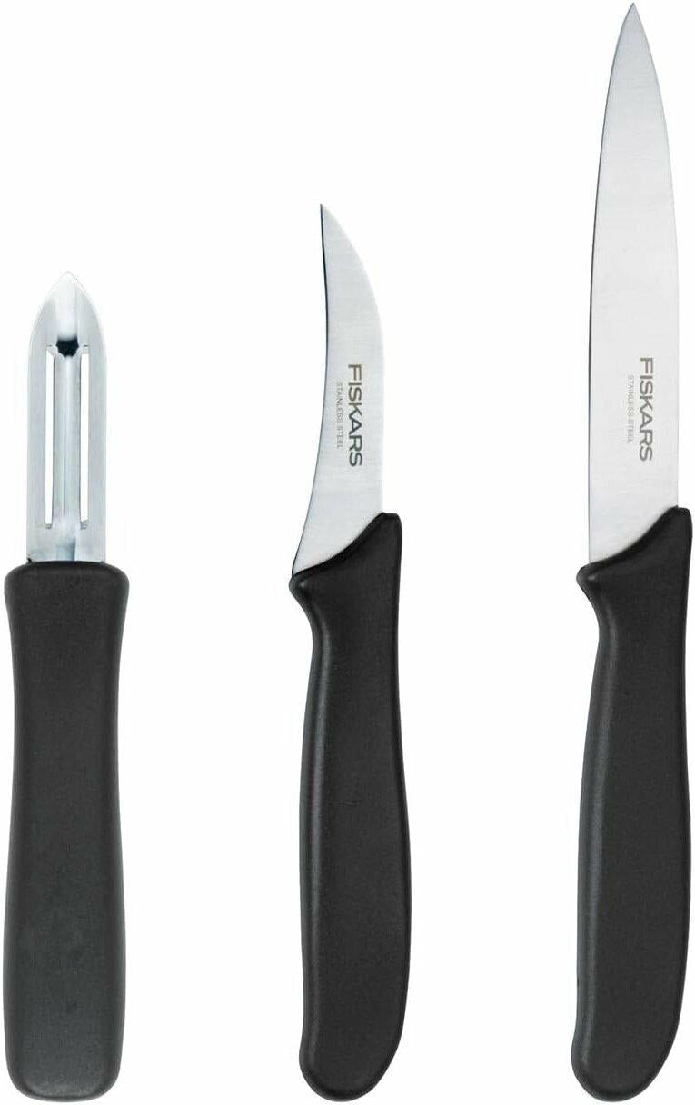 Fiskars Juego de peladores, 3 piezas, cuchillo pelador (hoja de 11 cm), cuchillo para verduras (hoja de 7 cm), pelador (hoja de 7 cm), Essential, acero inoxidable/plástico PP, negro, 1065600
