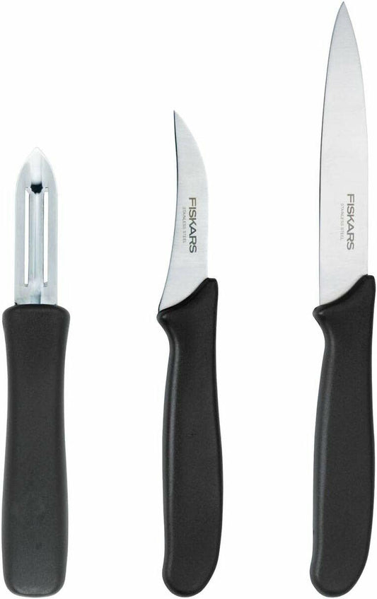 Fiskars Juego de peladores, 3 piezas, cuchillo pelador (hoja de 11 cm), cuchillo para verduras (hoja de 7 cm), pelador (hoja de 7 cm), Essential, acero inoxidable/plástico PP, negro, 1065600