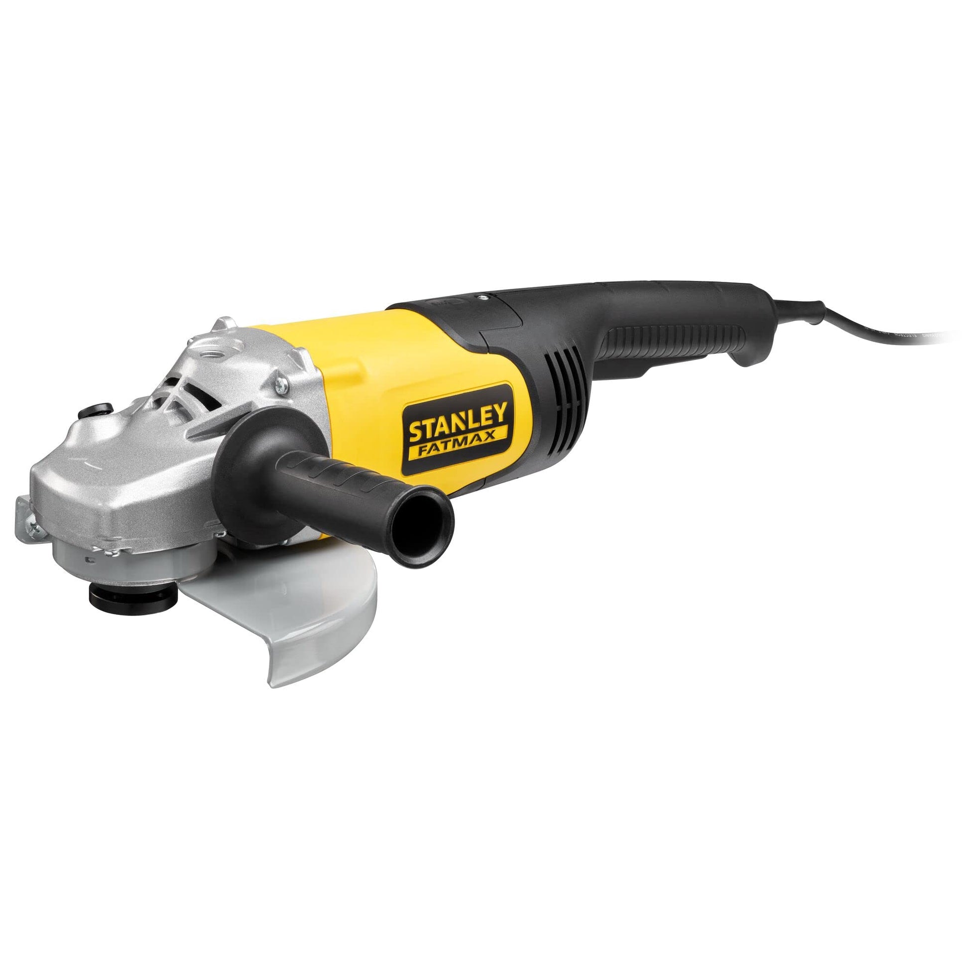 Amoladora 2.000W 230mm, velocidad 6.500 rpm, rosca del eje M14. Incluye empuñadura lateral 3 posiciones y llave para cambio de discos marca STANLEY