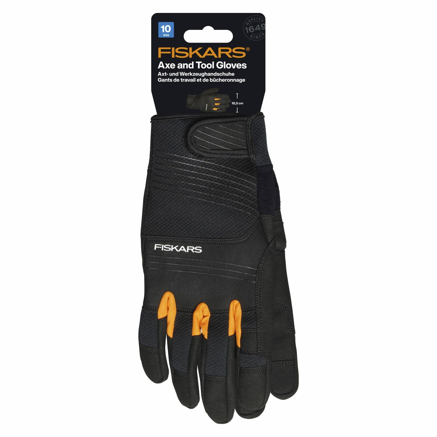 Fiskars Guantes para Hachas y Herramientas, Guantes de Trabajo, Almohadillas para Pulgar y Dedos Compatibles con Pantallas Táctiles, Imitación Piel/Malla, Talla 10, Negro/Naranja, 1071150