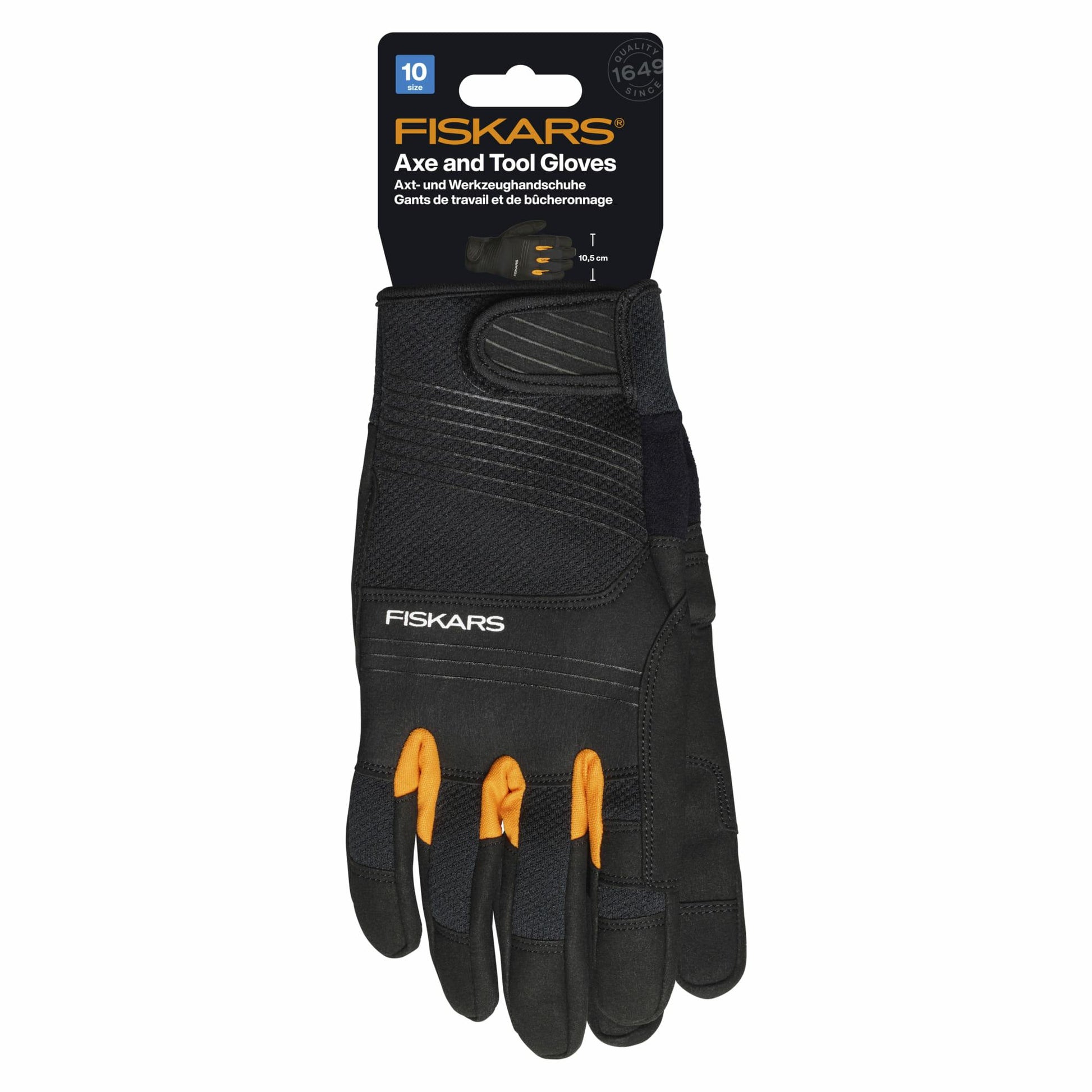 Fiskars Guantes para Hachas y Herramientas, Guantes de Trabajo, Almohadillas para Pulgar y Dedos Compatibles con Pantallas Táctiles, Imitación Piel/Malla, Talla 10, Negro/Naranja, 1071150