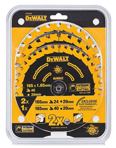 DeWalt DT10397-QZ, Juego de 3 hojas de sierra circular Elite, 2 x 24 dientes, 1 x 40 dientes, Diámetro de la hoja 165/20 mm, Ancho de corte: 1,65 mm, 18°, Dientes de metal duro afilados