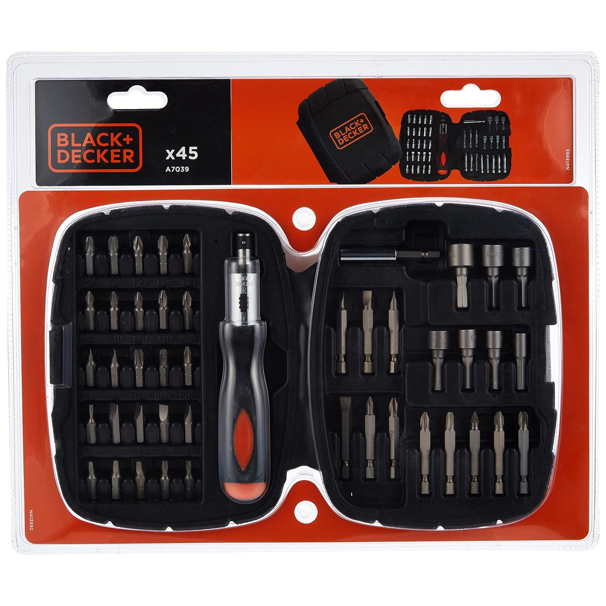 BLACK+DECKER A7039 Kit de destornillador de cararca con 45 piezas y funda de transporte - Ferrotecnia