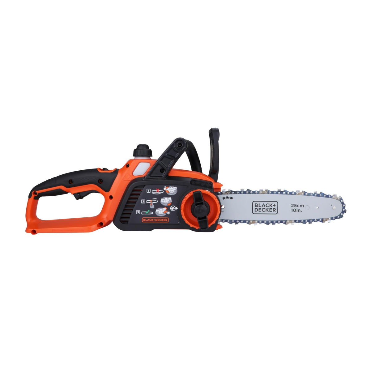 BLACK+DECKER Motosierra 18V, batería 2.0Ah, espada de 25 cm, sistema de aceite sin fugas, cambio y tensión de cadena sin herramientas, incluye batería y cargador, GKC1825L20