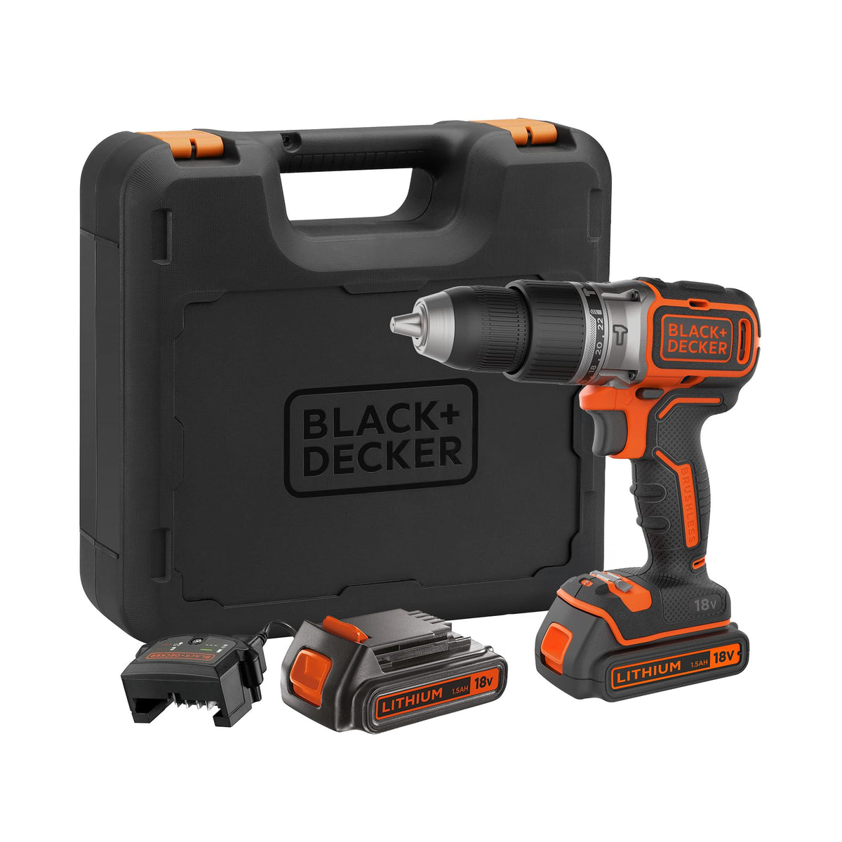 BLACK+DECKER Taladro percutor sin escobillas de 18V y 2 marchas, 28.000 BPM, 52Nm de par, incluye 2 baterías de 1,5Ah, cargador y kitbox, BL188KB-QW