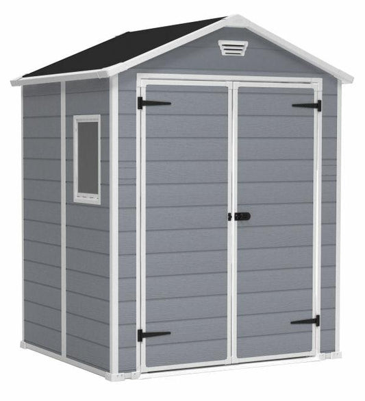 Keter Manor 6X5 - Caseta de jardín, 185x152x226 cm y 2,5m2, Suelo, Sistema de ventilación, Puerta y Ventana, Resistente al Agua, Color Gris
