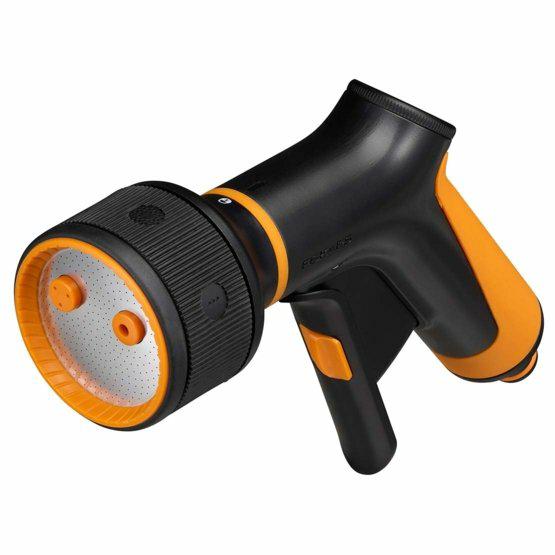 Fiskars Pistola pulverizadora, 3 funciones, Caudal variable, Con regulador frontal y bloqueo de apertura/cierre, SoftGrip, Tamaño universal, Negro/Naranja, 1065483