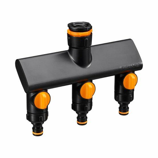Fiskars Conector de grifo de 3 vías, Con válvulas de apertura/cierre, 3 tamaños de rosca Ø 21 mm (1/2"), Ø 26,5 mm (3/4") y Ø 33,3 mm (1"), Comfort, Negro/Naranja, 1070578