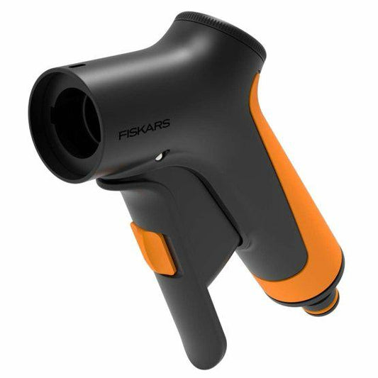 Fiskars Boquilla pulverizadora, Caudal variable, Con regulador frontal y bloqueo de apertura/cierre, Tamaño universal, Negro/Naranja, 1065490