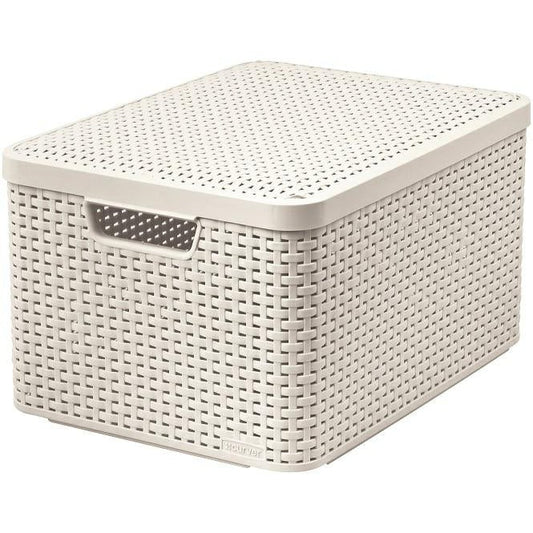 CURVER 205862 - Cesta con Tapa con Efecto Mimbre (tamaño Grande, Polipropileno), Color Blanco