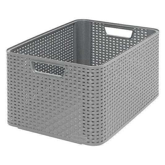Curver Caja de almacenaje Style L, 43,6 x 32,6 x 23 cm, plástico, aspecto de ratán, con asas, color gris claro