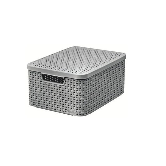 Curver Caja de almacenamiento con tapa estilo ratán, 18 L, de plástico, de material reciclado en al menos el 70% (gris claro, M: 38,6 x 28,7 x 17 cm)
