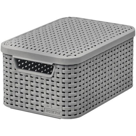 Curver Caja de almacenamiento de ratán con tapa, cesta de almacenamiento, de plástico, hecha de material reciclado en al menos un 70% (gris claro, S: 28,5 x 19,4 x 13 cm)