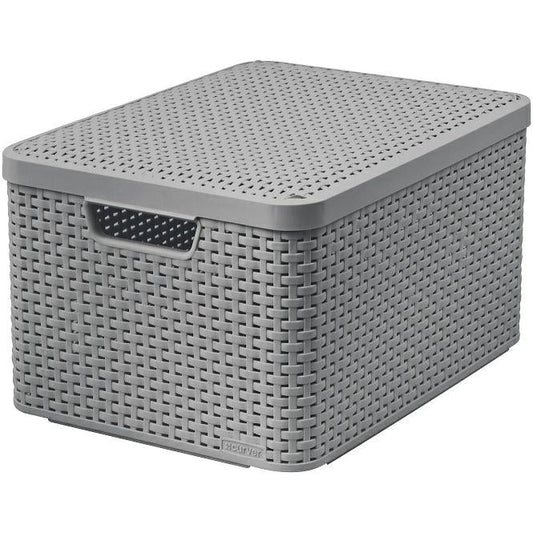 Curver Caja de almacenamiento de ratán con tapa, cesta de almacenamiento, plástico, hecha de material reciclado en al menos un 70% (gris claro, L: 44,5 x 33 x 24,8 cm)