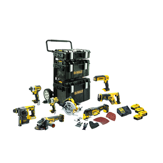 DEWALT DCK853P4-QW - Combo pack profesional, Taladro percutor, Martillo eléctrico, Amoladora, Atornillador de Impacto, sierra circular, Sierra de sable, Multi herramienta, Linterna LED