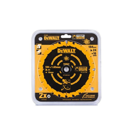 DEWALT DT10302-QZ - Hoja de sierra circular Elite, Diámetro de la hoja: 184/16 mm, Ancho de corte: 1,65 mm, 24 dientes, Ángulo de los dientes: 18°, Dientes de carburo ultra afilados, Nail Tough, Uso universal