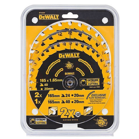 DeWalt DT10397-QZ, Juego de 3 hojas de sierra circular Elite, 2 x 24 dientes, 1 x 40 dientes, Diámetro de la hoja 165/20 mm, Ancho de corte: 1,65 mm, 18°, Dientes de metal duro afilados
