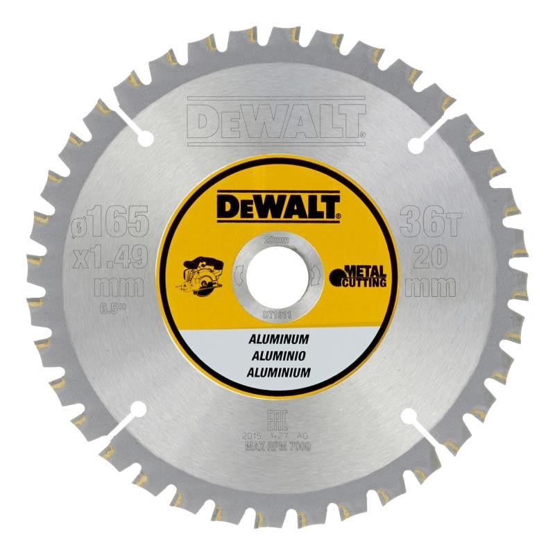 DeWalt DT1911-QZ - Hoja para sierra circular sin cabl,e 165 x 20 mm, 36D para aluminio FTG +3º