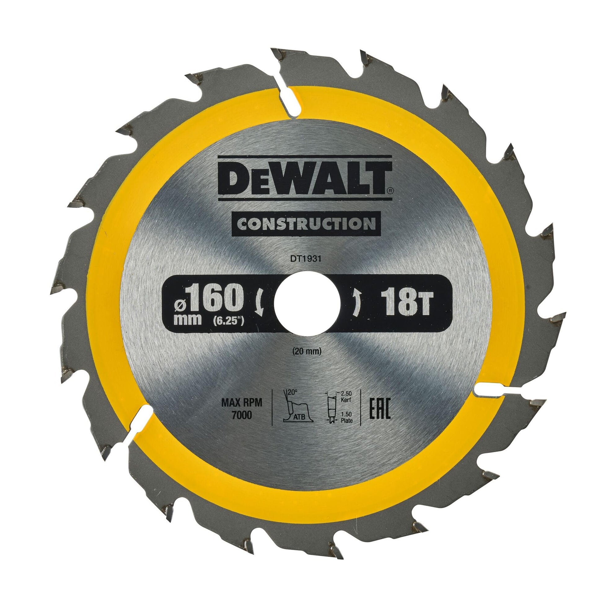 DeWalt DT1931-QZ - Hoja de sierra circular para madera 160 x 20 mm 18 dientes ATB +20°