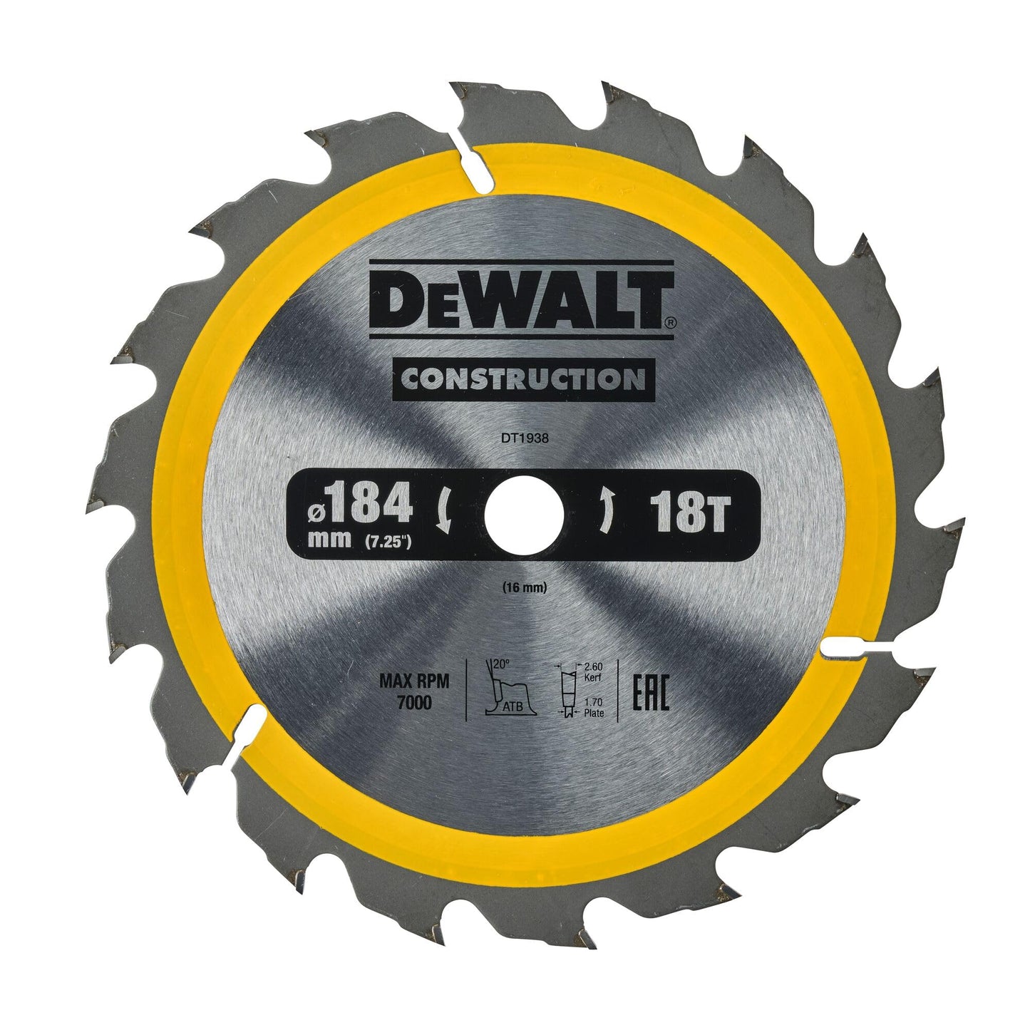 DeWalt DT1938-QZ - Hoja de sierra circular para madera 184 x 16 mm 18 dientes ATB +20°