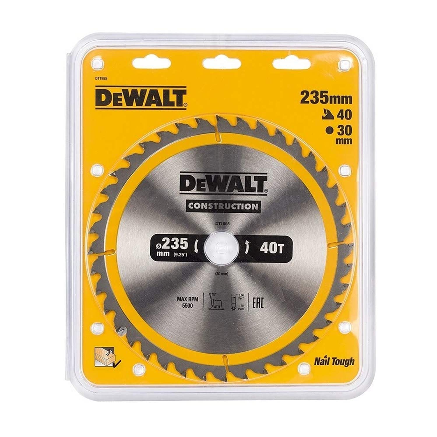 DeWalt DT1955-QZ - Hoja de sierra circular para madera 235 x 30 mm 40 dientes ATB +10°