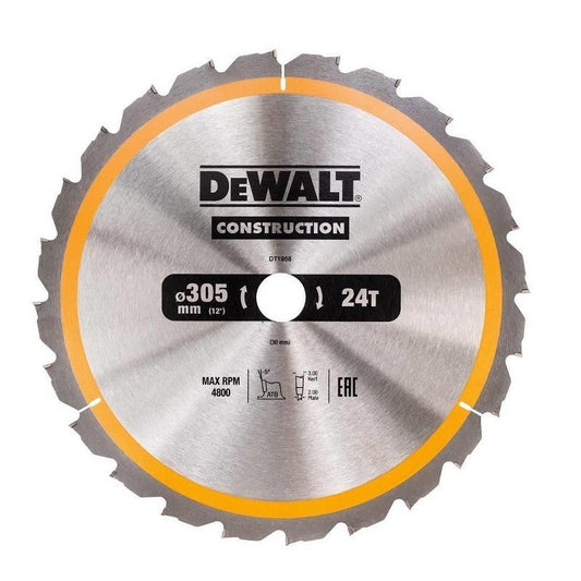 DEWALT DT1959-QZ - Hoja para Sierra Circular Estacionaria, Longitud(mm)/calibre(mm): 305 x 30 mm; 48 dientes, ángulo +10°, para Construcción, velocidad Máx 4800 rpm