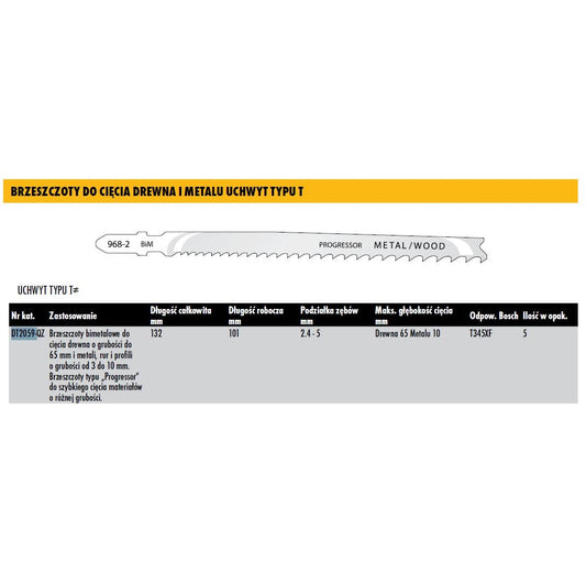 DeWalt DT2059-QZ - Hoja de sierra bi-metal, longitud de 132 mm, paso de diente de 2,4-5, para cortes en madera de hasta 65 mm de espesor, metales, tubos y perfiles de 3 mm a 10 mm