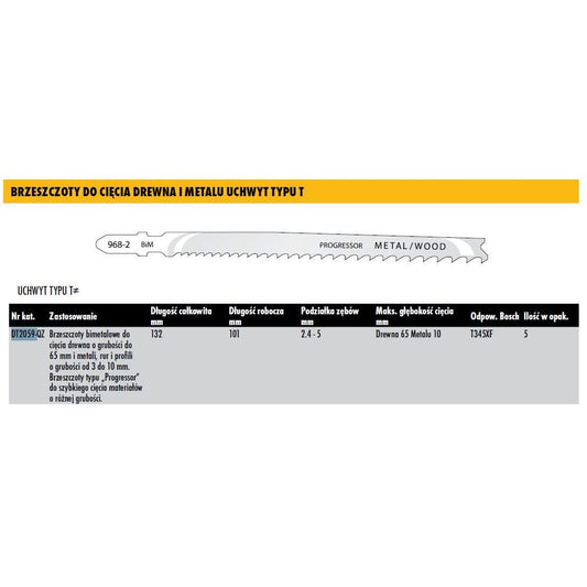 DeWalt DT2059-QZ - Hoja de sierra bi-metal, longitud de 132 mm, paso de diente de 2,4-5, para cortes en madera de hasta 65 mm de espesor, metales, tubos y perfiles de 3 mm a 10 mm - Ferrotecnia