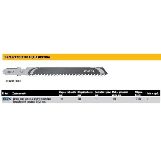 DeWalt DT2167-QZ DT2167-QZ-Hoja de Sierra de calar HCS, Longitud: 180mm, Paso de Diente: 4mm, para Cortes Gruesos y rápidos en Madera de construcción de hasta 120mm de Espesor, 0 W, 0 V