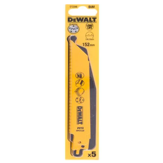 DeWalt DT2348-QZ - Hoja de sierra sable bi-metal, longitud de 152 mm, paso de diente de 1,8-2,5 mm, para plásticos duros y tuberías de 3 a 12 mm de espesor