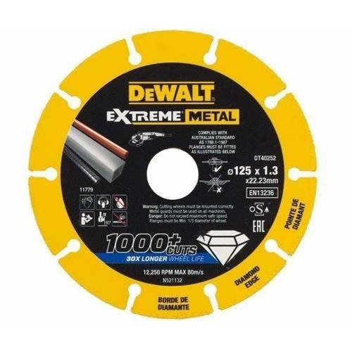 DeWalt DT40252-QZ DT40252-QZ-Disco de corte con borde diamantado Extreme Metal 125 x 1.3 x 22.3 mm, Negro/Amarillo