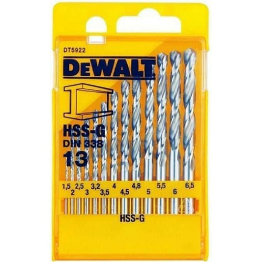 DeWalt DT5922-QZ - Juego de 13 Brocas para Metal HSS-G Din 338 en Cassette de Plástico Diámetro 1.5, 2, 2.5, 3.2, 3, 3.5, 4, 4.5, 5 x 2, 5.5, 6, 6.5 mm