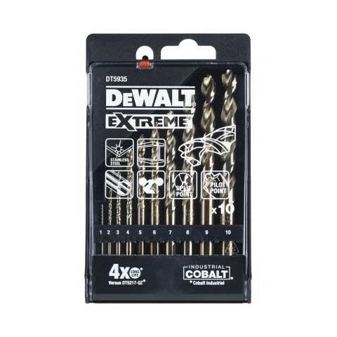 DEWALT DT5935-QZ - Juego de brocas de metal Extreme Kobalt de 10 piezas (1-10mm, para acero de alta aleación y metal, con mango antideslizante y punta "No-Walk", incluye estuche de almacenamiento).