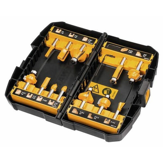 DeWALT DT90016-QZ - Juego de 12 3 Rectas, Recortadora, 2 Redondear, Hueca para Núcleos, Cortador de Cola de Milano, Ranura en V, Calar, Curva Doble, Fresa para Biselar, 0 W, 0 V