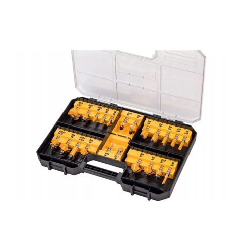 DEWALT DT90017-QZ, Juego de 22 fresas de acero para madera con maletín de transporte, Mango Ø 8mm