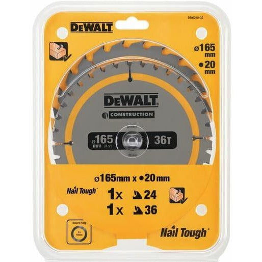 Dewalt DT90270 - Hoja de sierra circular para construcción, 2 unidades, 165 x 20 mm x 24T/36T