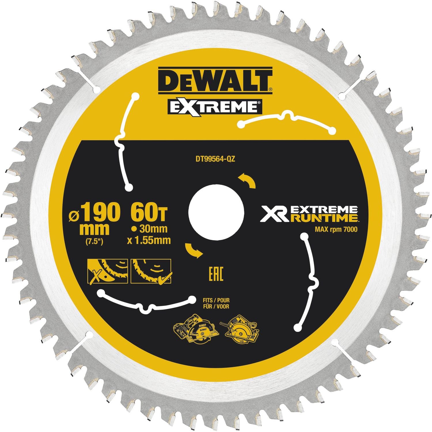 DeWalt DT99564-QZ - Hoja de sierra circular XR Extreme Runtime 190/30 mm 60 dientes