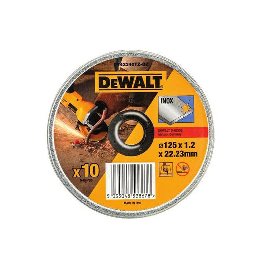 DEWALT - Lata com 10 discos de corte de alto desempeño para acero inox 125 x 1.2 x 22.23mm , DT42340TZ-QZ