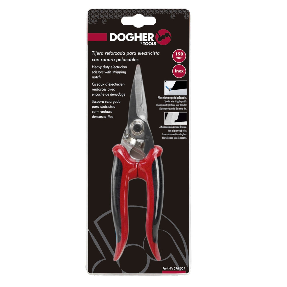Dogher 296-001 - Tijera Reforzada para Electricista con Ranura Pela-cables 190mm