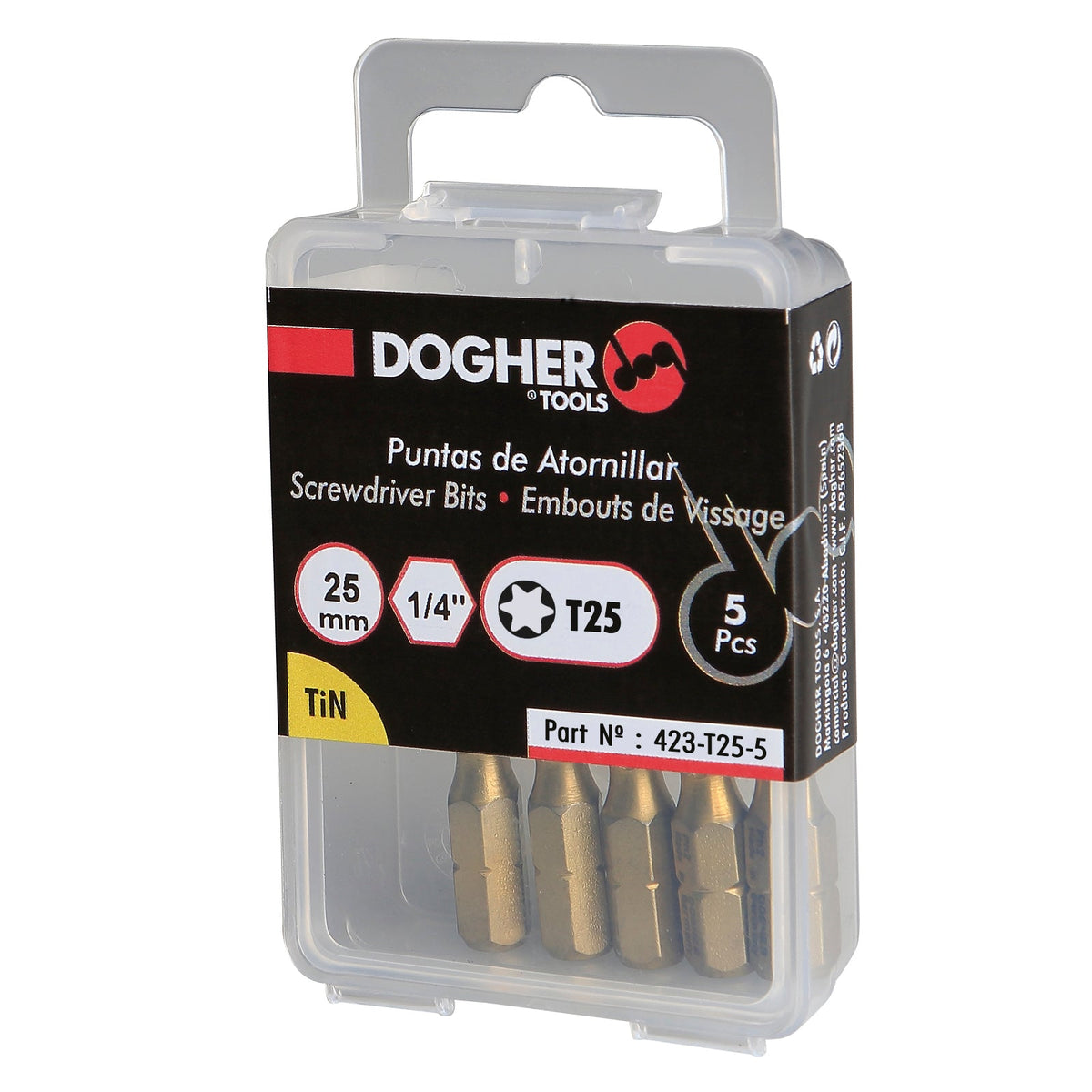Dogher 423-T27-5 - Caja 5 Puntas de Atornillar 1/4" S2 25mm Torx TiN T27