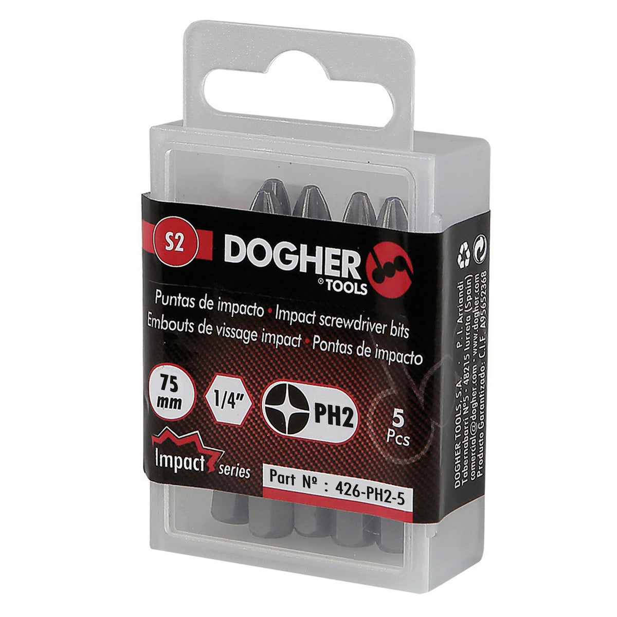 Dogher 426-PH2-5 - Caja 5 Puntas de Atornillar de Impacto 1/4" S2 75mm Phillips PH2