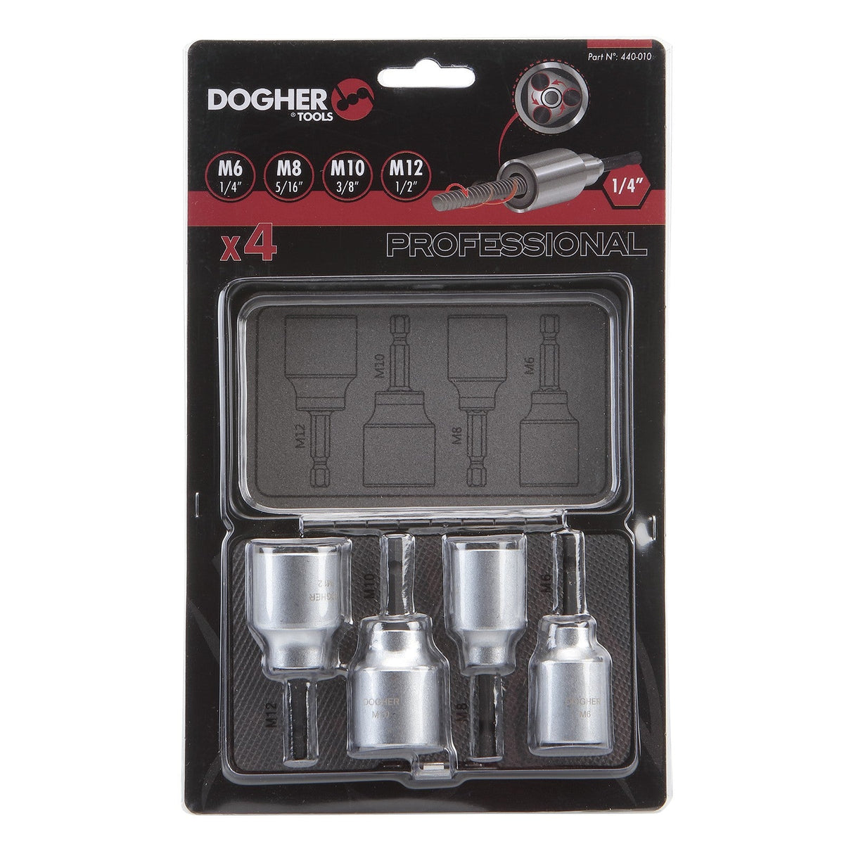 Dogher 440-010 - Juego 4 Vasos 1/4" Varillas M12-10-8-6