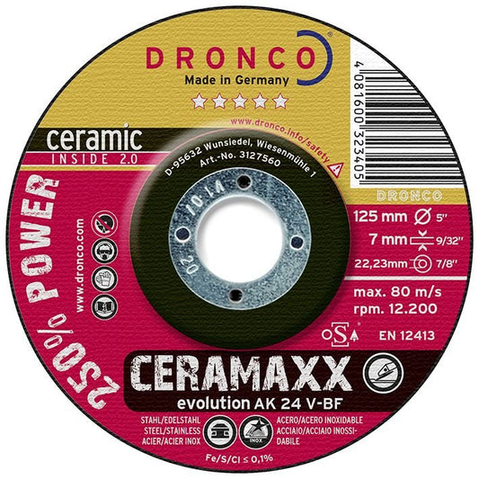 Dronco AK24V - 125 - Disco de desbaste CeraMaxx de 125 x 7 mm (Lote de 10 uds) - Ferrotecnia