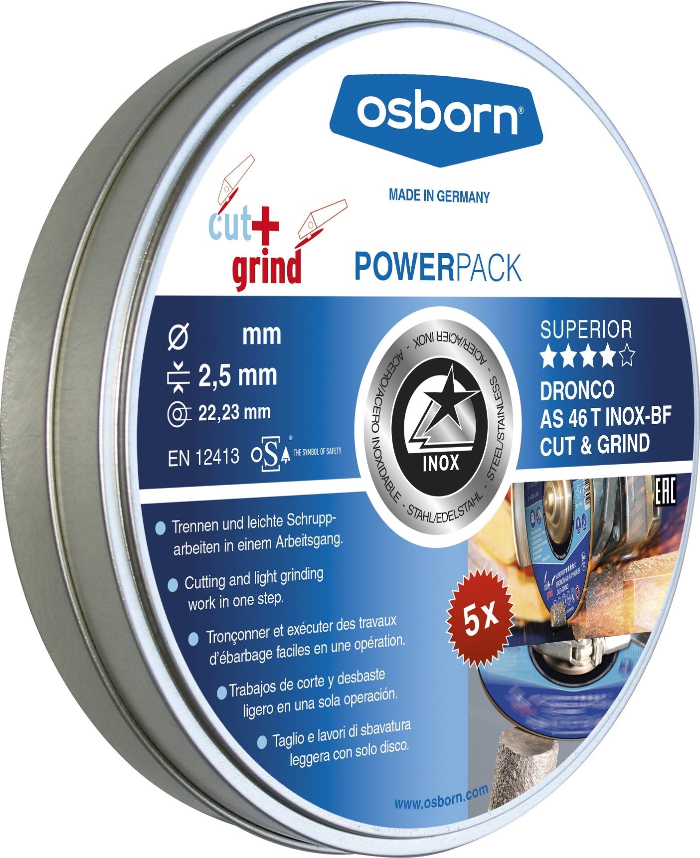 Dronco AS46TINOXCG - 115PACK - Lata de 5 discos de corte metal 115 x 2.5 mm AS 46 T INOX CUT+GRIND Special - Ferrotecnia