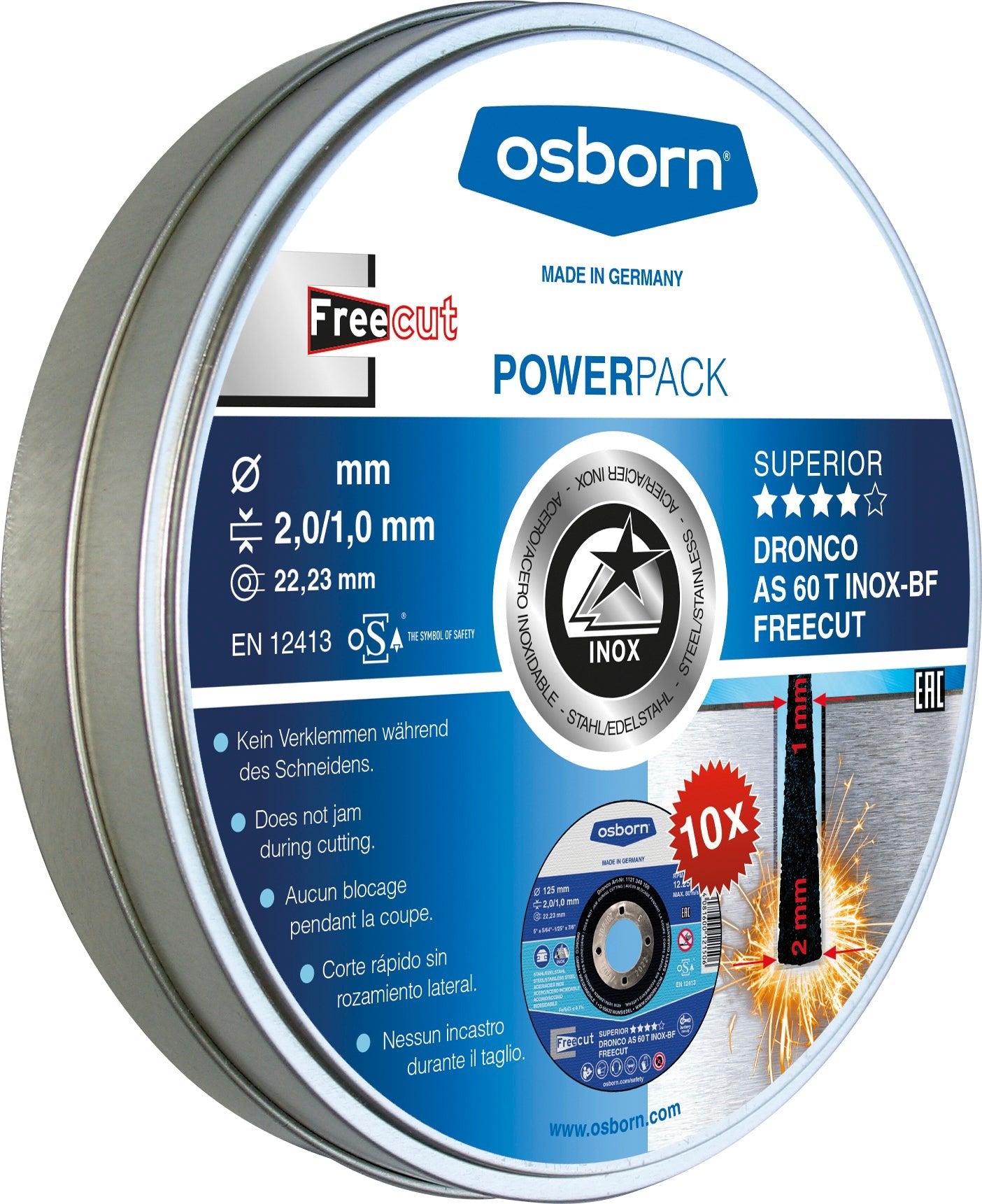 Dronco Pack de 10 discos de corte en caja metálica AS 60 T INOX FreeCut Special - Ferrotecnia
