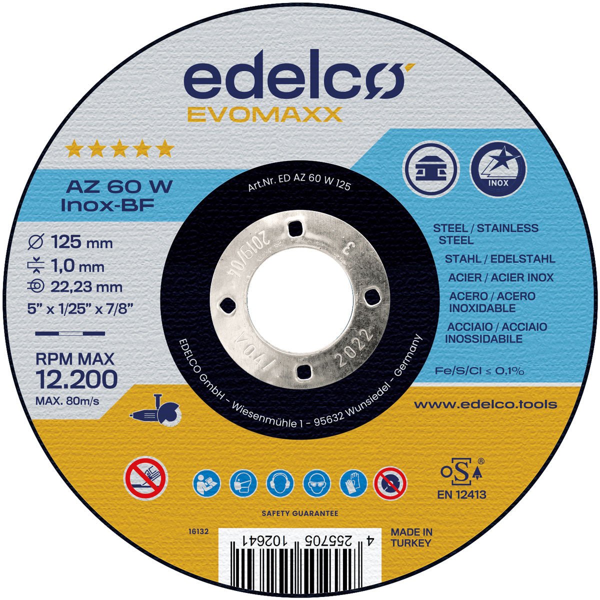 Edelco Disco de corte metal para máquina portátil AZ 60 W INOX EvoMaxx (Lote de 25 uds) - Ferrotecnia