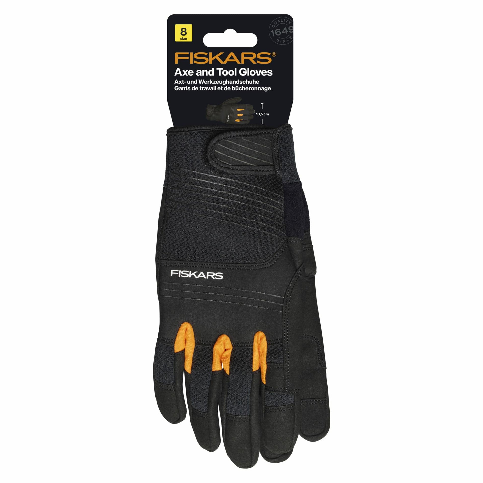 Fiskars Guantes para Hachas y Herramientas, Guantes de Trabajo, Almohadillas para Pulgar y Dedos Compatibles con Pantallas Táctiles, Imitación Piel/Malla, Talla 8, Negro/Naranja, 1071129