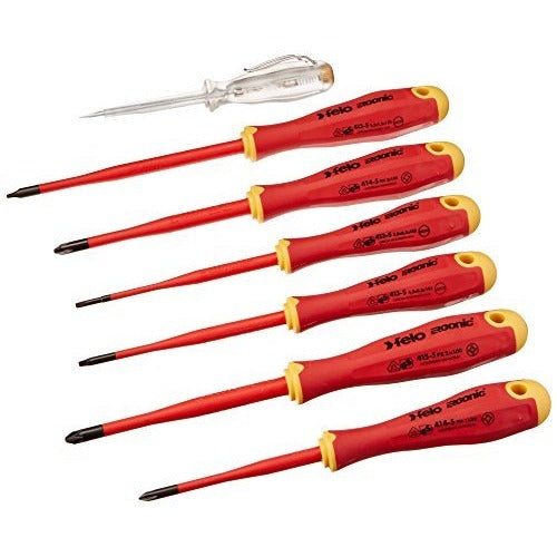 Felo 41380736 - Felo Ergonic VDE E-Slim insulated screwdriver set (Flat, PZ, PH and pole finder / 7 pcs. in plastic case)