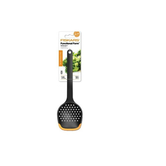Fiskars 1027302 Cuchara escurridora, 30 cm, Plástico/Silicona, Functional Form, Negro/Naranja